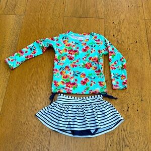 Ruffle Butts Girls Painted Flowers Long Sleeve Rash Guard Skirted Bikini - 4T